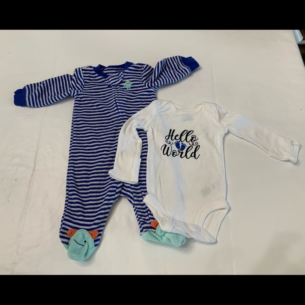 Newborn footie pajamas and onesie.